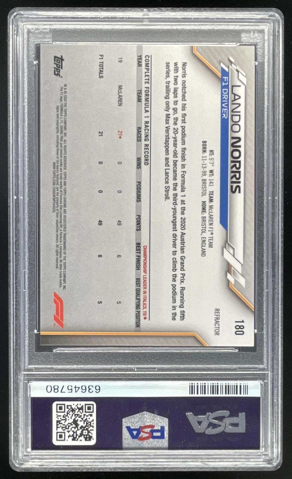 2020 Topps Chrome Formula 1 Refractor #180 Lando Norris RC F1 Driver PSA 10 view 2