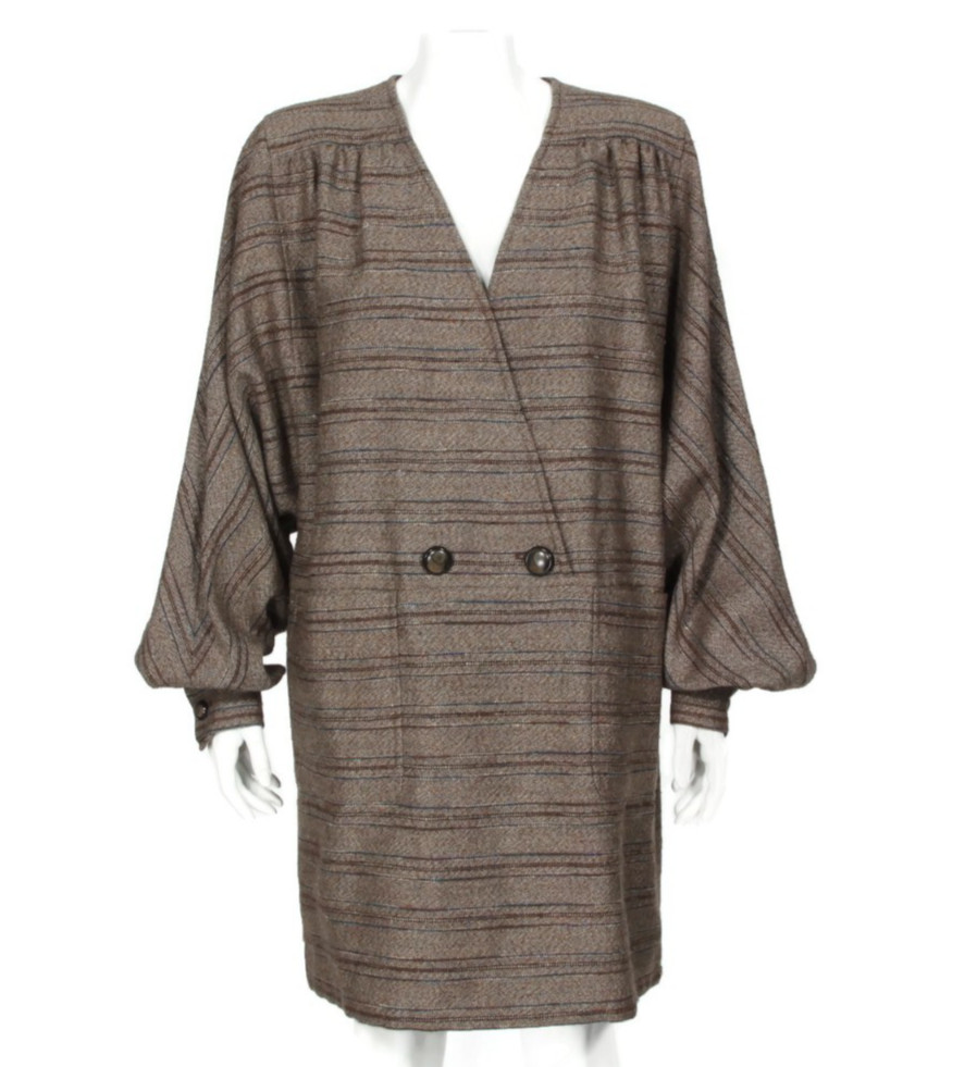 Vtg VALENTINO BOUTIQUE Brown Striped Tweed Bishop Sleeve Suit Dress sz L /424