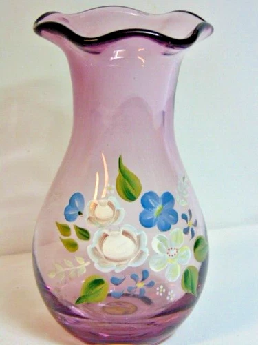 VINTAGE Teleflora Designed by Fenton Amethyst Glass Vase Hand Painted Flowers