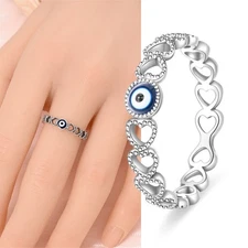 KUNSIR 925 Sterling Silver Heart to Heart Devil's Eye Ring For Women Jewelry NEW