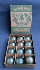 12 Shiny Brite Christmas Ornaments Light Blue Turquoise Color Original Box