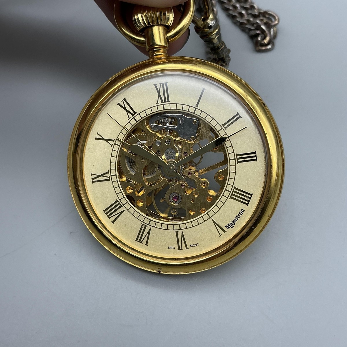 Majestron Steampunk Pocket Watch Men 50mm Skeleton Gold Tone 