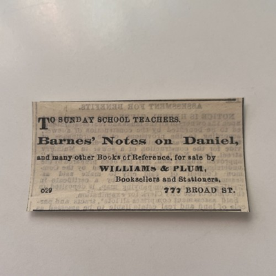 #ad Barnes#x27; Notes On Daniel For Sale Williams amp; Plum 1872 NJ Clipping TAJ7 S10 $27.00