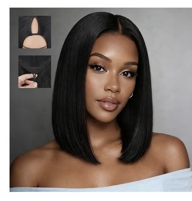 Atikual V Part Wig Human Hair Straight Bob Wigs For Black Women 10Inch Brazilian