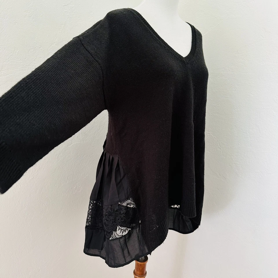 Kate & Mallory Sweater Womens XL Black V Neck Lace Ruffle Back Pullover Boho - Imagem 3 de 4
