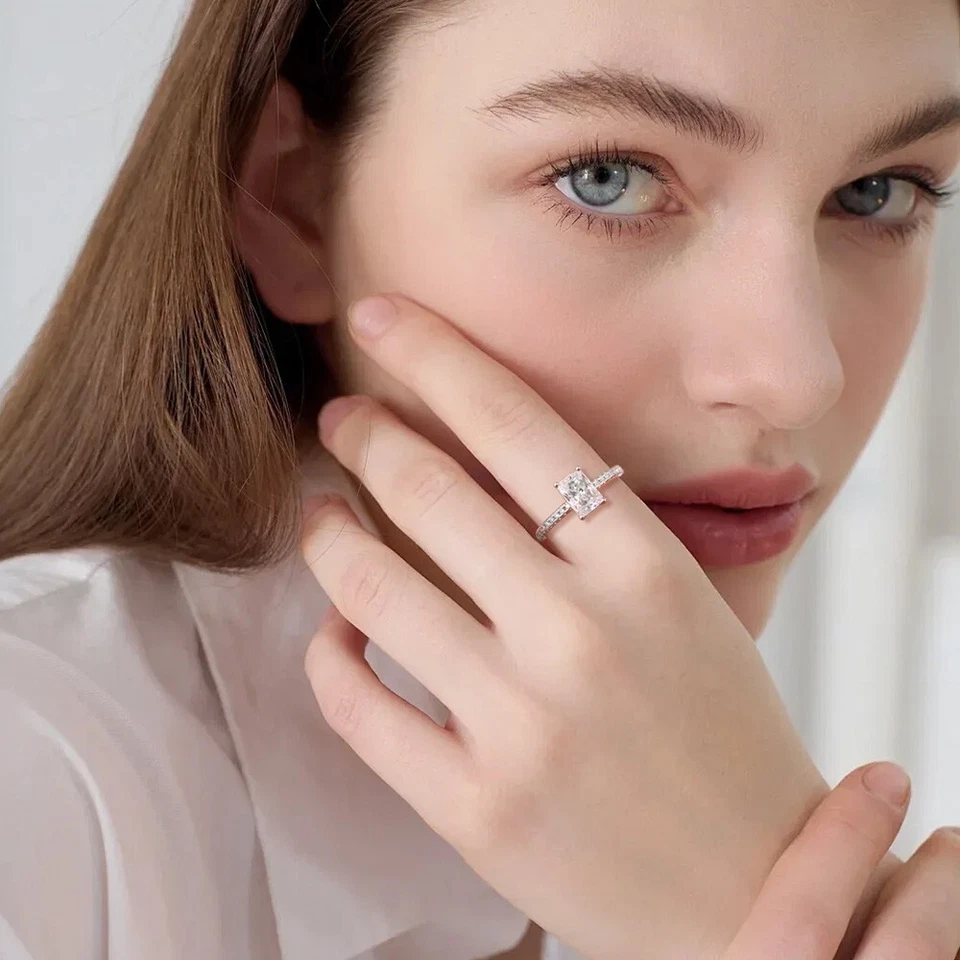 1-4CT Radiant Cut Moissanite Eternity Engagement Ring 925 Sterling Silver W/GRA - Image 2 of 4