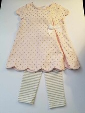 New 4 Toddler Tahari Baby Pink  Gold Polka Dot Dress White  Gold Stripe Leggin