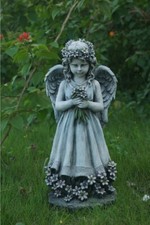 Angel Statue Holding Flowers Blue Resin Girl Figure Sculpture Garden Ornament