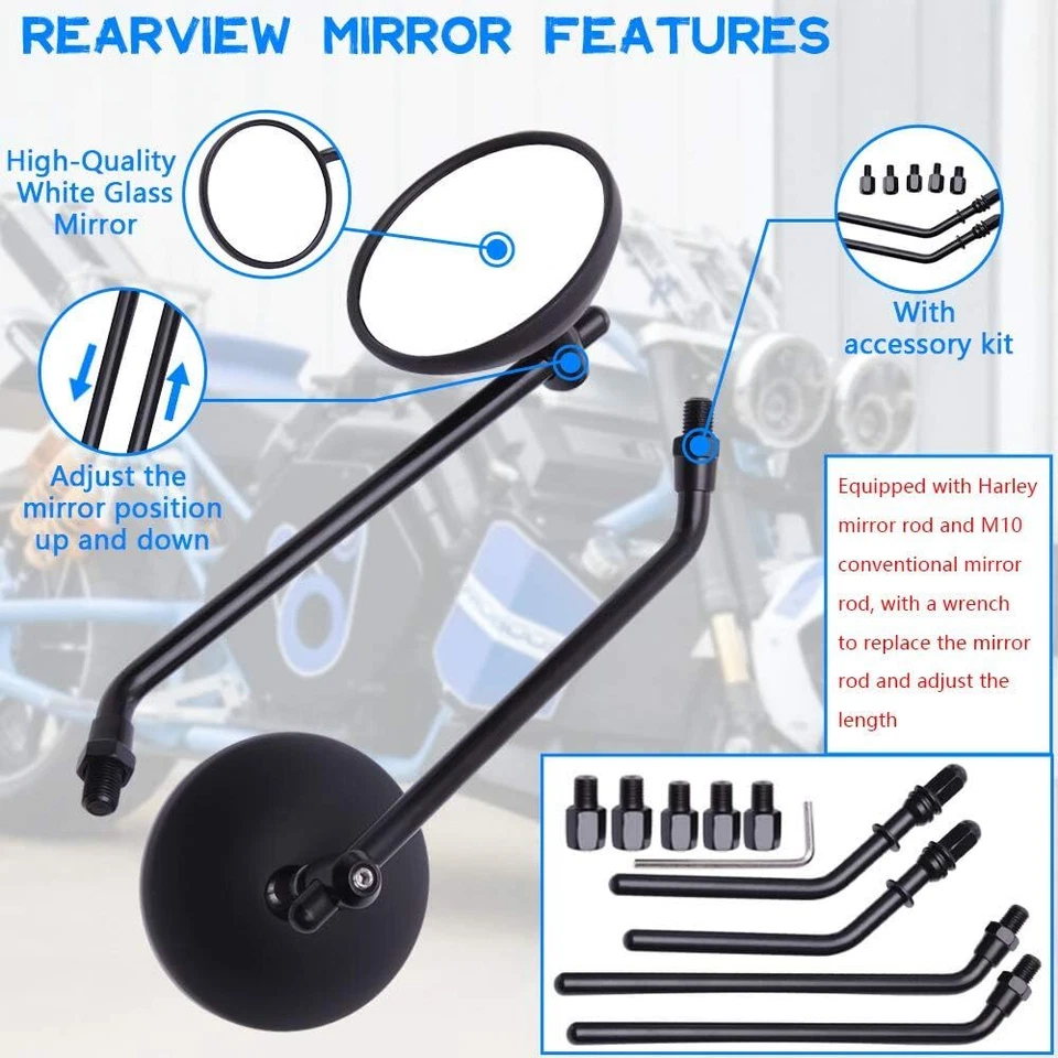 Pair Black Round Motorcycle Rearview Mirrors 8mm 10mm for Yamaha Aprilia SR50 - Image 4 of 4