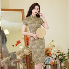 Women Summer Silk Qipao Dress Chinese Traditional Short Cheongsam Party Gown