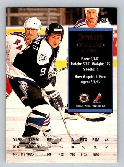 1993-94 Donruss Denis Savard #319 HOF Tampa Bay Lightning - Image 2 of 2