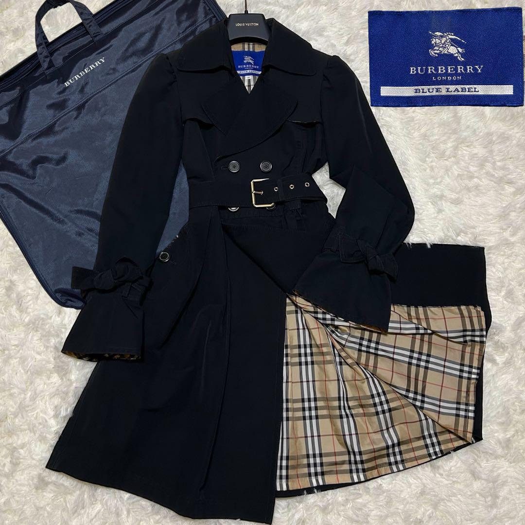 Burberry Blue Label Trench Coat Black Vintage Long M Belted Size 38