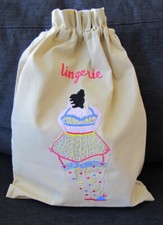Pretty Cotton Drawstring bag hand embroidered "Lingerie" with Voluptuous Lady