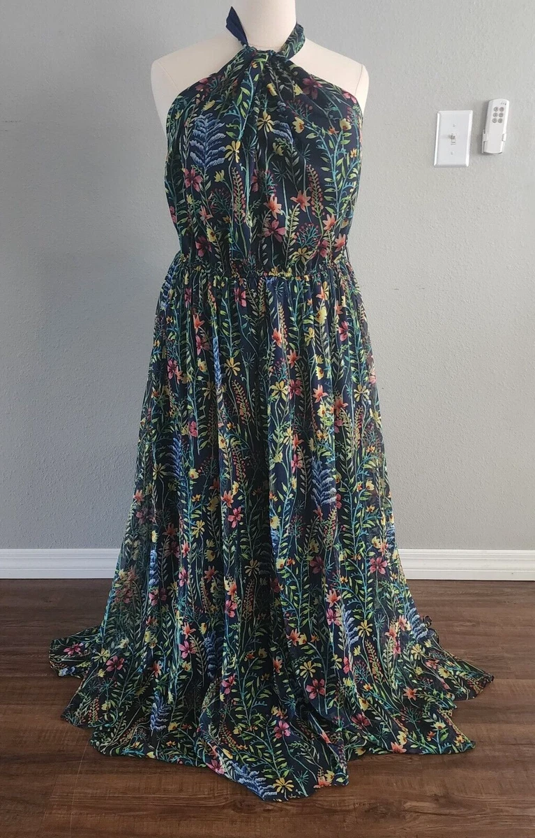 Jason Wu Eloquii Maxi Dress Size 24 Floral Halter Tie Neck Elastic