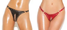 Leather Cut Out Thong Peek a Boo Chain Studded Buckle O Rings Panties L9197