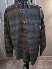 Men's Woolrich Green  Brown Striped Button Up Flannel Shirt Tag Size Large