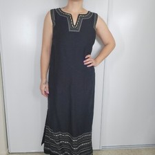 Carole Little Vintage Embroidered Linen Maxi Dress Size 10 Black Long Beach