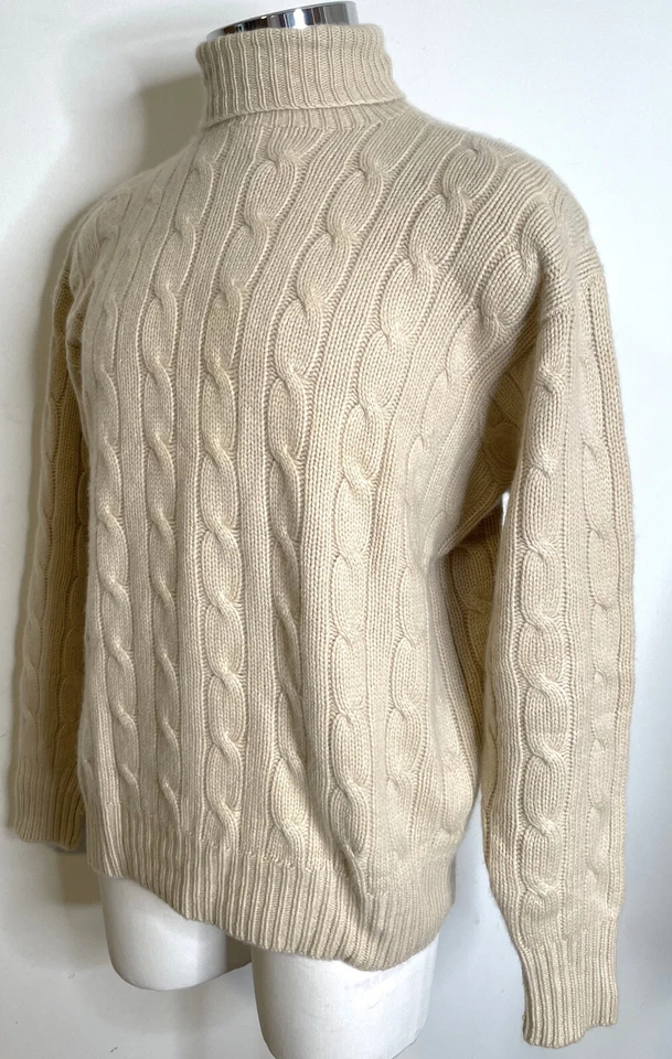 Suéter De Colección Polo Ralph Lauren Beige 100% Cachemira Cuello Alto Para Hombres 46 XXL Cable Foto 2 de 4