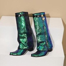 Mid Calf Boots Women's Lock Glitter Sequin Knight Low Heel Shoes Zip Performance
