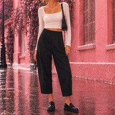 Classic Women's Black High-Waisted Tapered Trousers   Size 12