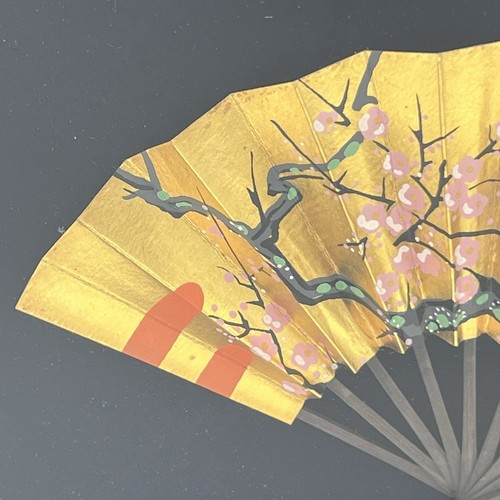 Vintage Framed Gold Floral Asian Folding Fan Hand Painted Cherry Blossoms 8.5" w - Picture 2 of 16