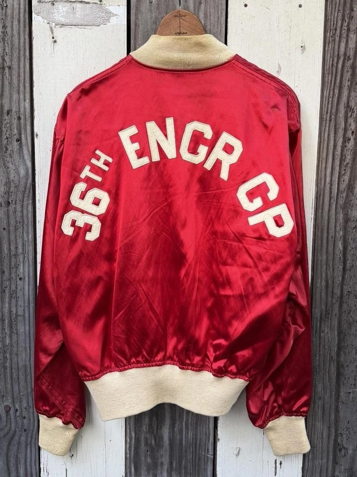 Vintage 40s 50s Military Satin Silk Bomber 46 Red Large Army Jacket Felt Letters - Image 3 of 4