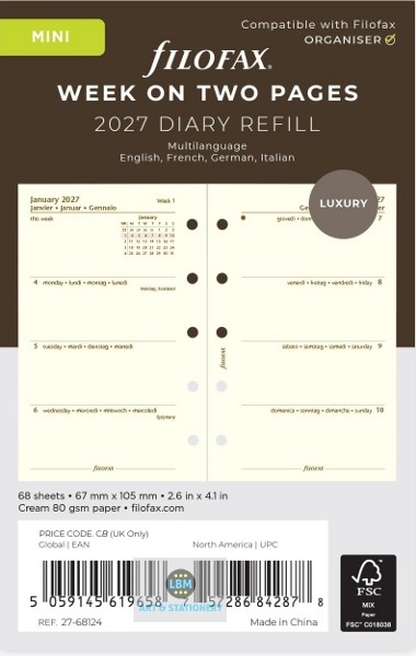Filofax 2027 Mini Diary - Week On Two Pages -  Luxury Cream Refill - 68124