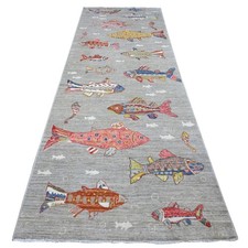 4'1"x12' Rocky Gray Hand Knotted Wool Peshawar Oceanic Fish Oriental Rug R89660