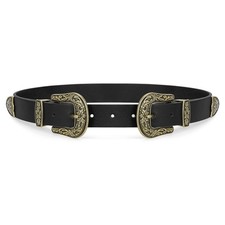 Western Leather Belt for Women Double Buckle Retro Cowgirl Waist Belts for Jeans