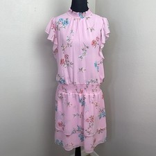 1.State Midi Dress Women's 1XL Pink Floral Smocked Waist Ruffle Flutter Sleeve