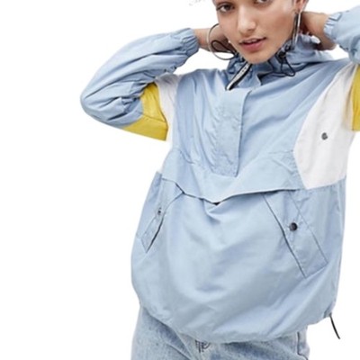 Bershka Blue White Yellow Colorblock Anorak Half Zip Snap Windbreaker size M
