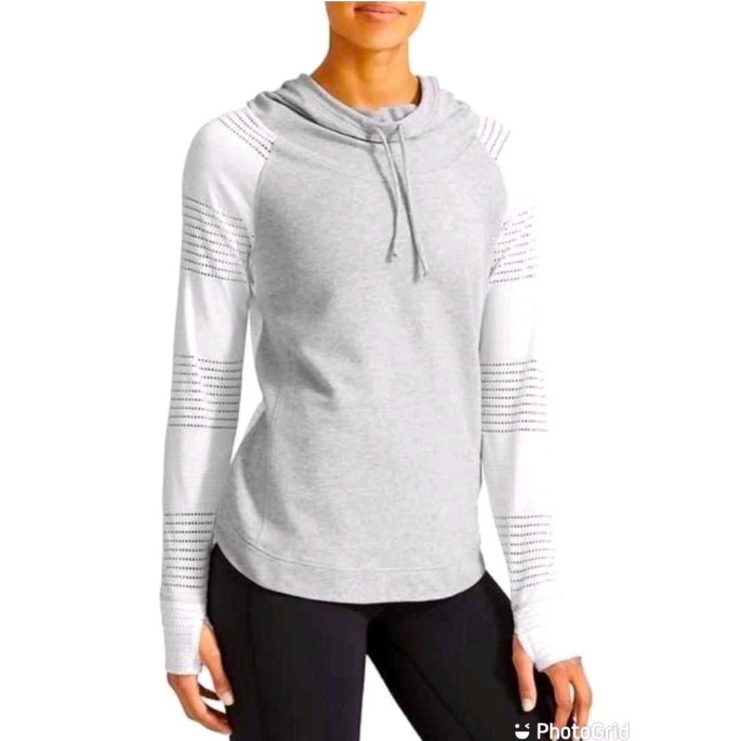 Athleta Limitless Hoodie Women's MEDIUM Gray White Hooded Pullover Lightweight