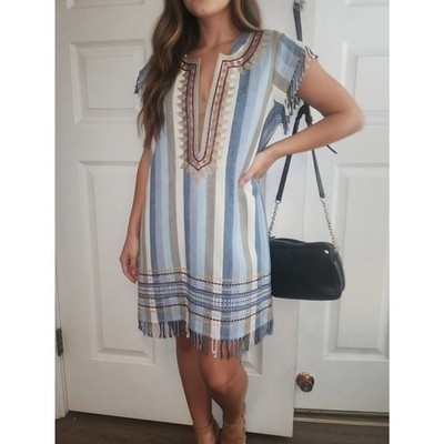 CALYPSO ST BARTH Women's Stripe Tunic Mini Dress Blue Orange Beachy Boho Size M