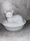 Vintage Westmoreland White Milk Glass Cat on Nest Basket Covered Candy Dish