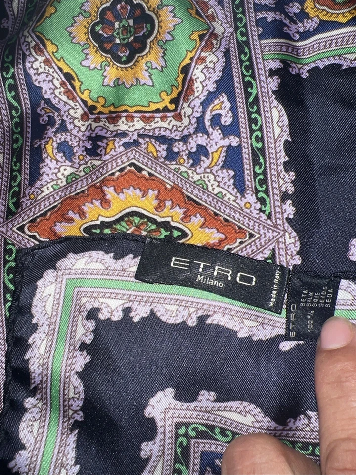 Bufanda de seda de lujo ETRO Milano azul/púrpura cachemira hecha en Italia Foto 4 de 4