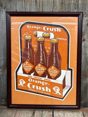  INCREDIBLE 40s ORANGE CRUSH Seldom Seen Window Paper Sign Prof Framed & Matted