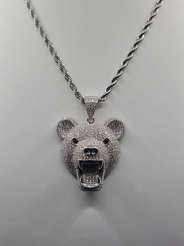 .925 Sterling Silver Moissanite Roaring Grizzly Bear Pendant