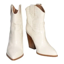 TWINSET Milano White Croc Embossed Leather Cowboy Booties Block Heel Western 38