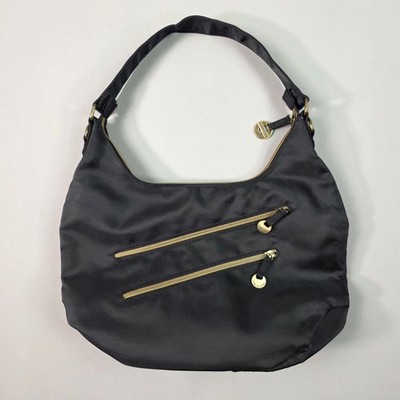 Travelon Shoulder Bag Black Purple Lining Multiple Zippers Key Leash Logo