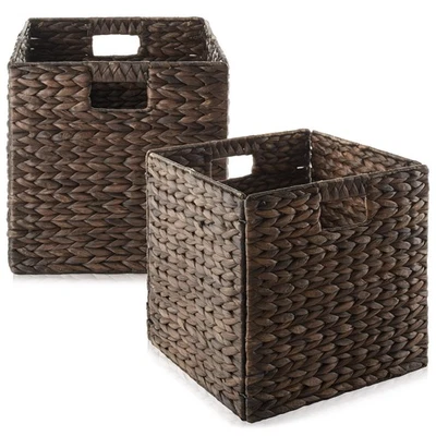 CASAFIELD Set of 2 Hyacinth Storage Cubes, 12x12 Wicker Basket Bins for Shelves, Espresso