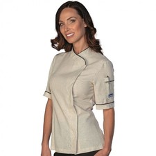 Chef Jacket Women Lady Snaps Beige In Linen Blend Short Sleeve - Isacco