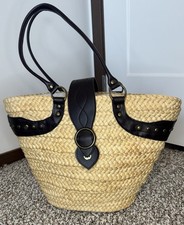 Large Woven Straw Tote Bag Black Faux Leather Trim Beach Market Boho Bag