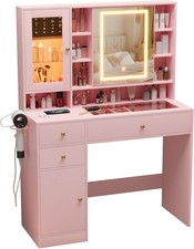 Makeup Vanity Desk W/ Mirror & Lights Pink Vanity W/ Glass Top Jewelry Storage