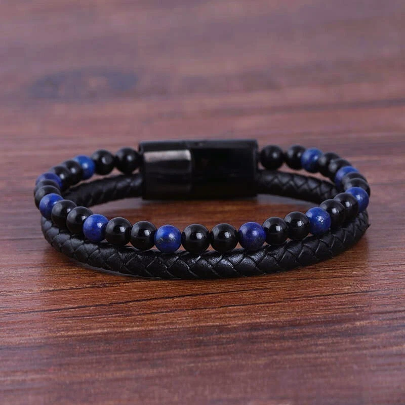 Pulsera de cuero trenzada para hombre Pulsera magnética de piedra de obsidiana lapislázuli Foto 2 de 3