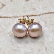 14K Yellow Gold Genuine Pink Freshwater Pearl Stud Earrings - Pearl Earrings