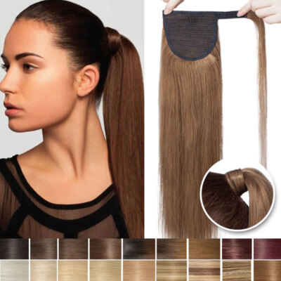 Wrap Clip on Ponytail Extensions 100% Human Real Pony Tail Hair Hairpiece Long P