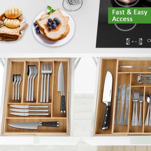 Bamboo Kitchen Drawer Organizer Silverware Tray Expandable Kitchen Drawer Tray - Picture 10 of 13