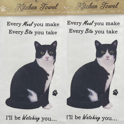 SET OF 2 COLLECTIBLE BLACK AND WHITE CAT  DISH TOWEL  I'LL BE WATCHING YOU 
