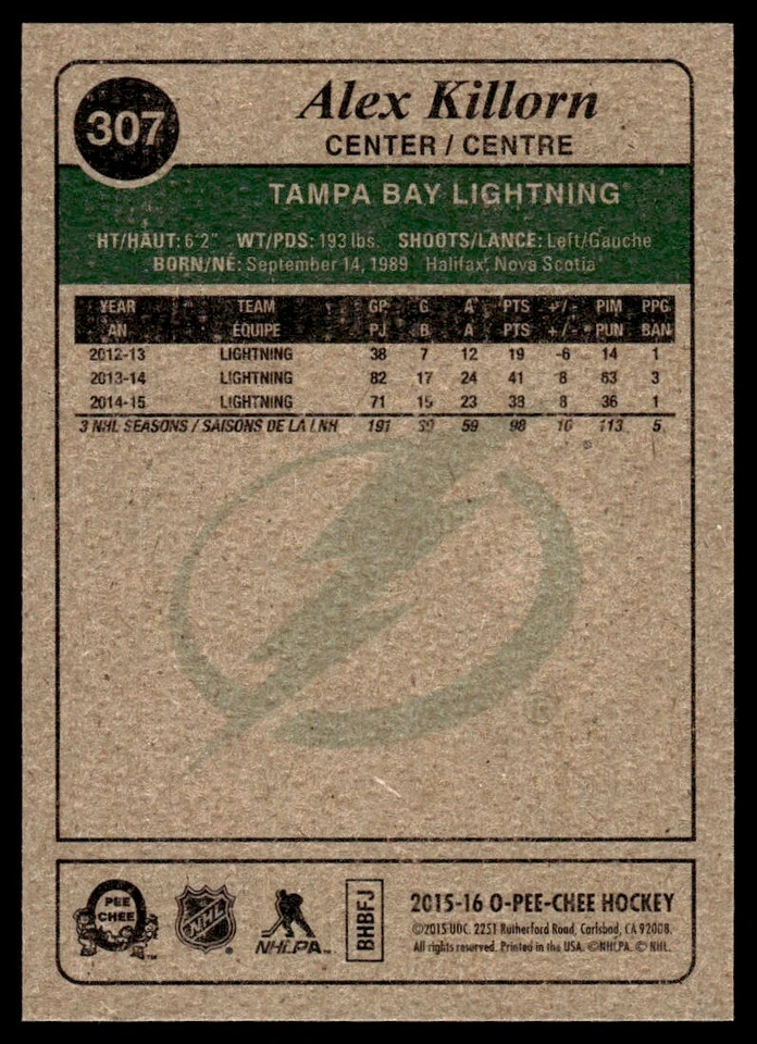 2015-16 O-Pee-Chee Retro Alex Killorn Tampa Bay Lightning #307 R152 - Image 2 of 2
