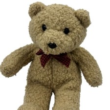 Vintage Curly Fur Plush Teddy Bear in Red Plaid Bow Holiday Stuffed Animal